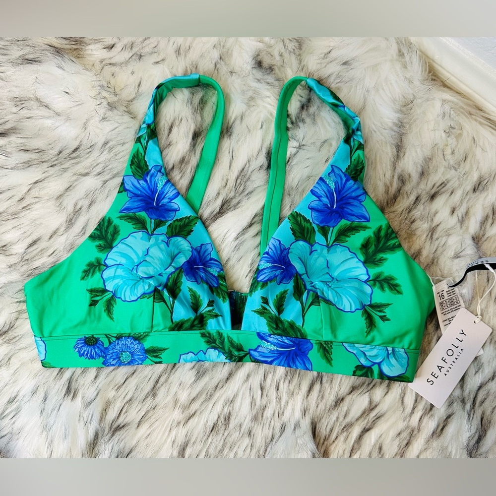 Seafolly Green and Blue Floral Bikini Top Garden Party Print Longline Tri USA 12 - Picture 2 of 3